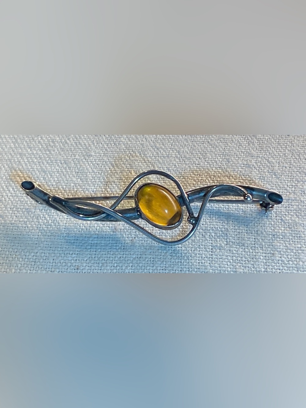 Vintage 925 Sterling Silver Natural Amber Modernist Brooch Pin 5.9cm